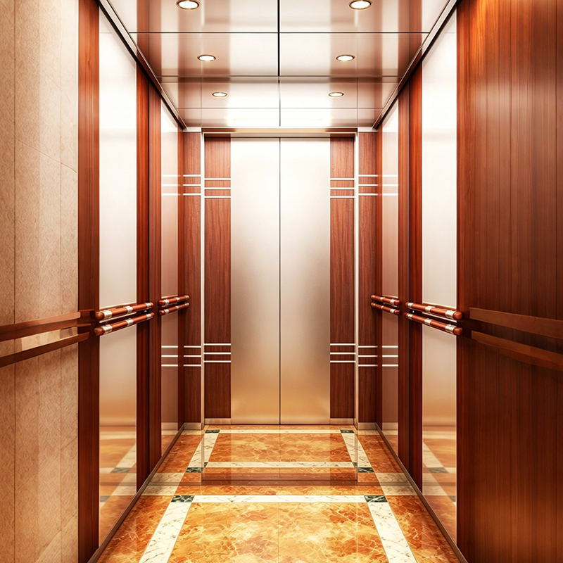 Ascensor de pasajeros con revestimiento de madera estilo sala de máquinas para centro de negocios